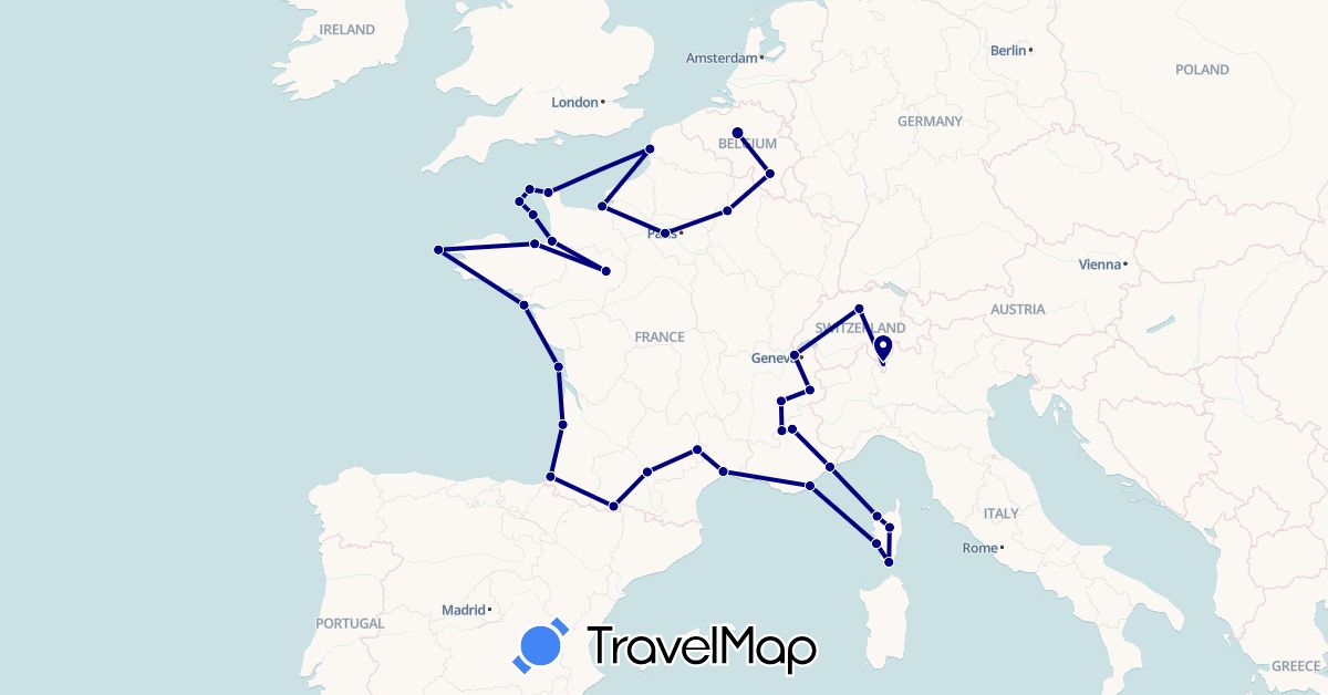 TravelMap itinerary: driving in Belgium, Switzerland, France, Guernsey, Jersey (Europe)